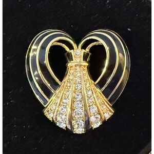 VTG Swarovski Enamel Cloisonne Clear Crystal Rhinestone Gold Heart Brooch Signed